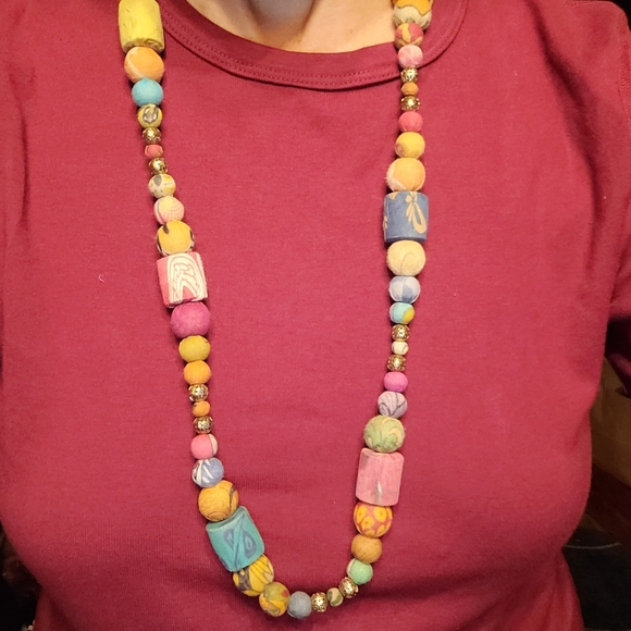 Multicolor Fabric Bead 32+ in. Necklace & 1 in. Hoop Earring Set - Picture 10 of 11